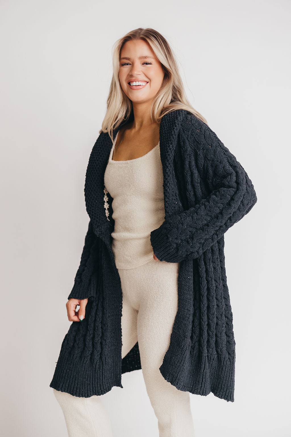 Presley Open Front Cable Knit Cardigan in Charcoal