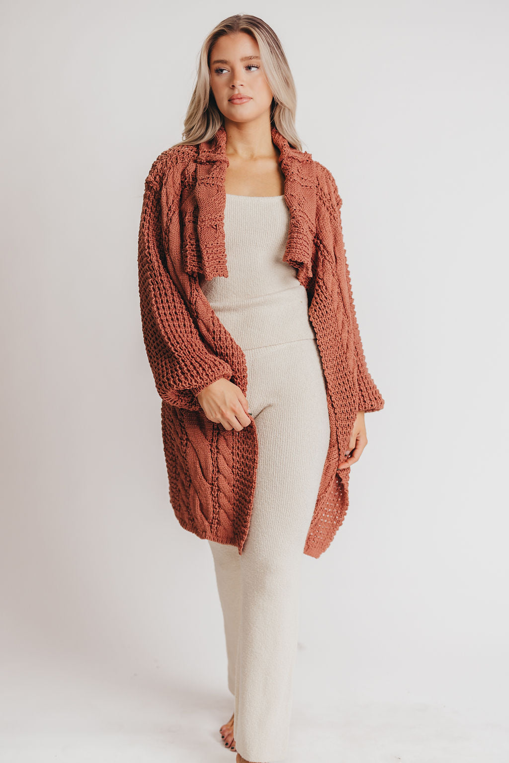 Delanie Open Front Shawl Collar Cardigan in Dusty Cedar