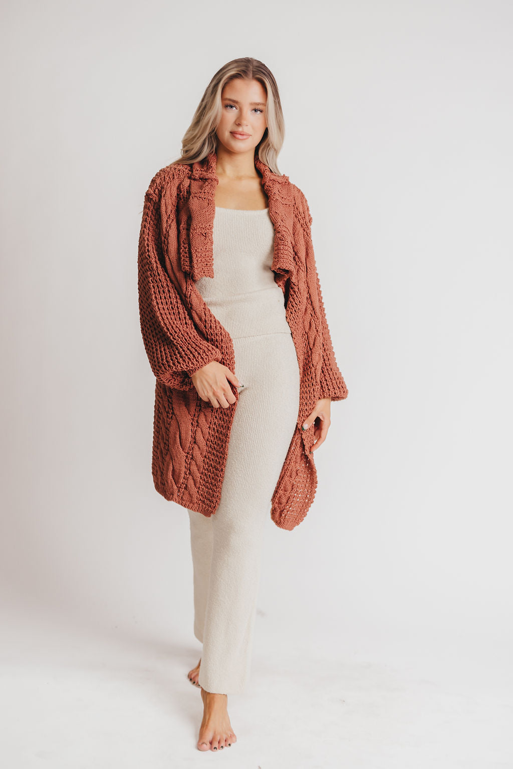 Delanie Open Front Shawl Collar Cardigan in Dusty Cedar