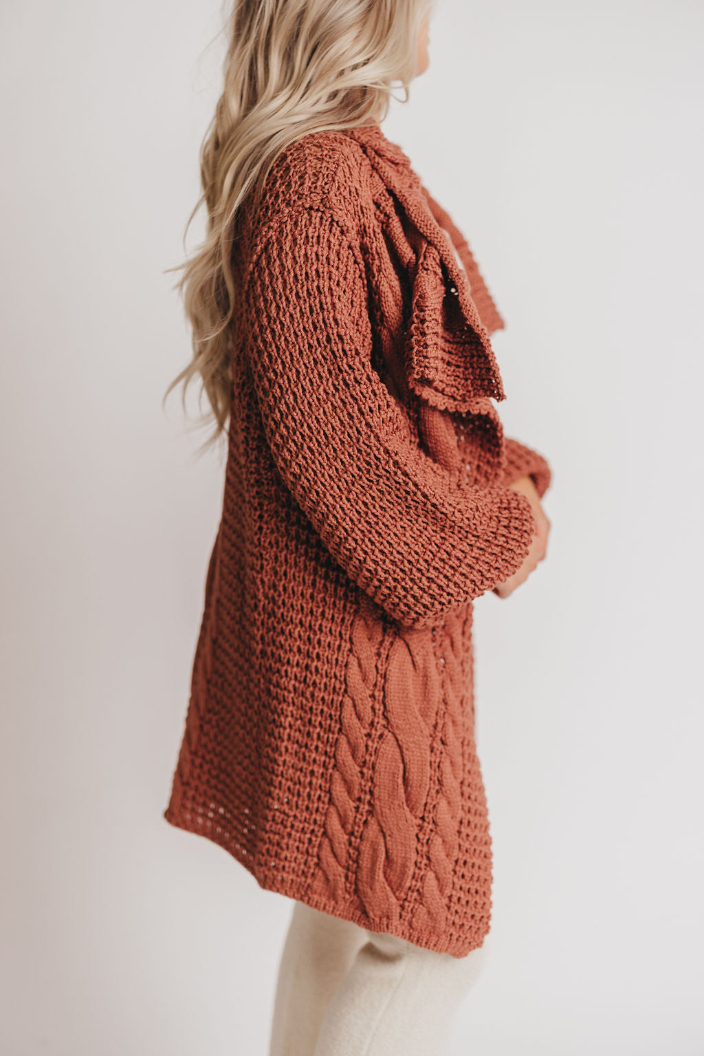 Delanie Open Front Shawl Collar Cardigan in Dusty Cedar