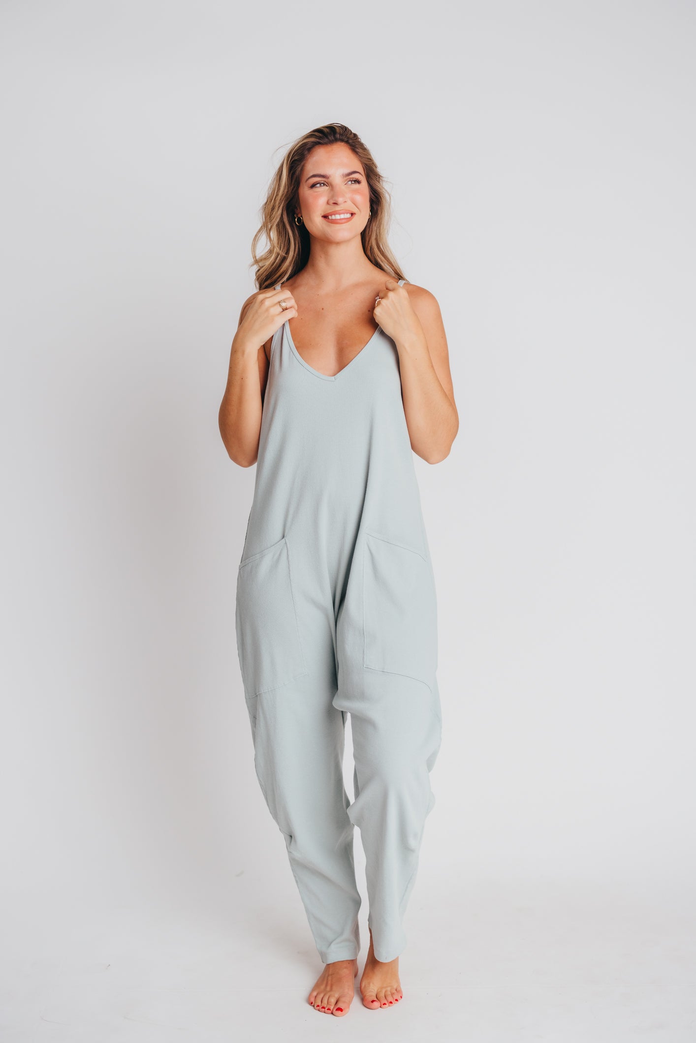 Hilary Ribbed Knit Jumpsuit with Pockets in Sage