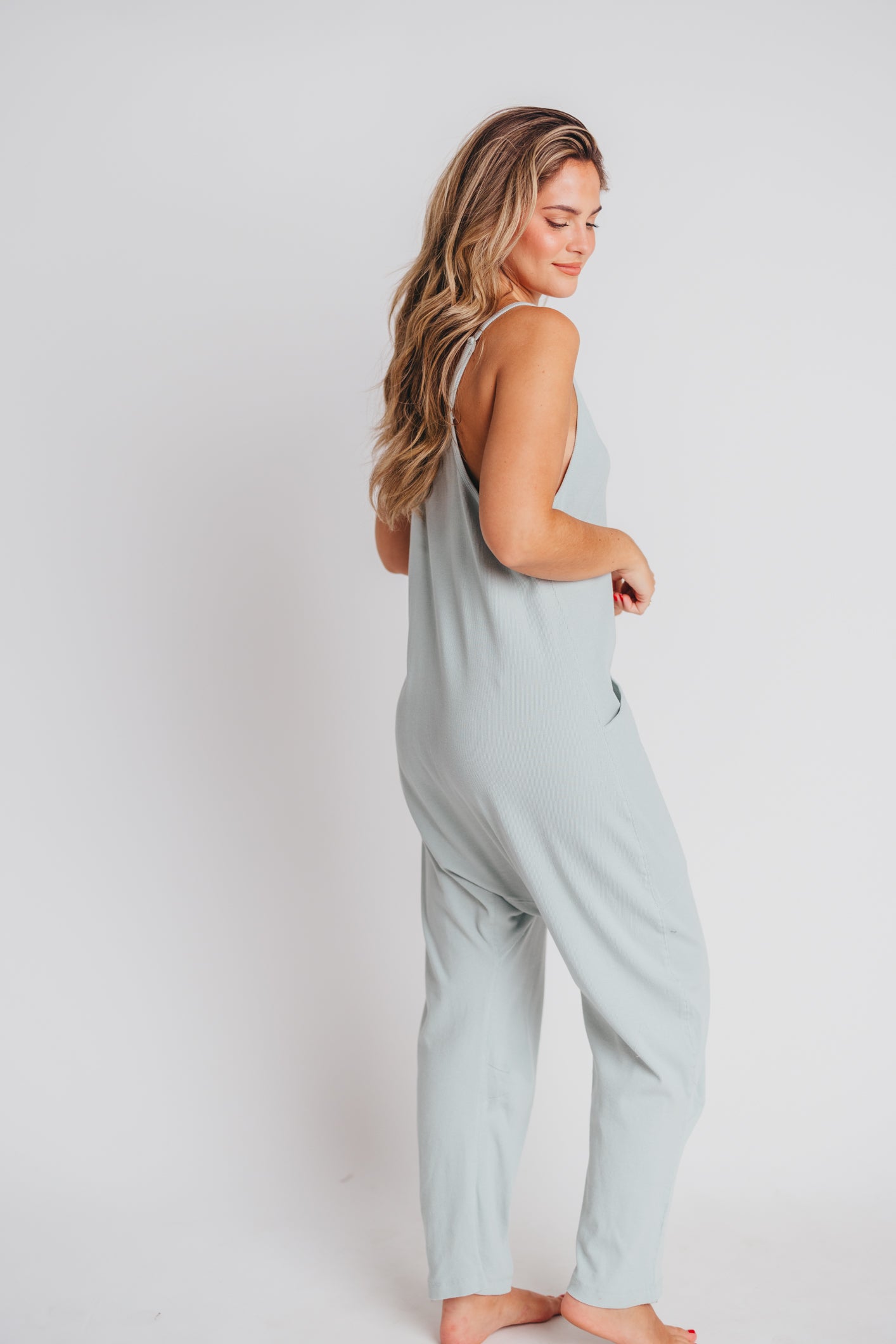 Hilary Ribbed Knit Jumpsuit with Pockets in Sage