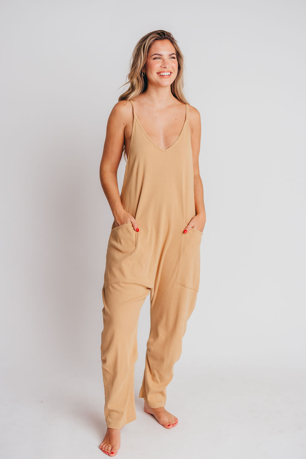 Hilary Ribbed Knit Jumpsuit with Pockets in Tan
