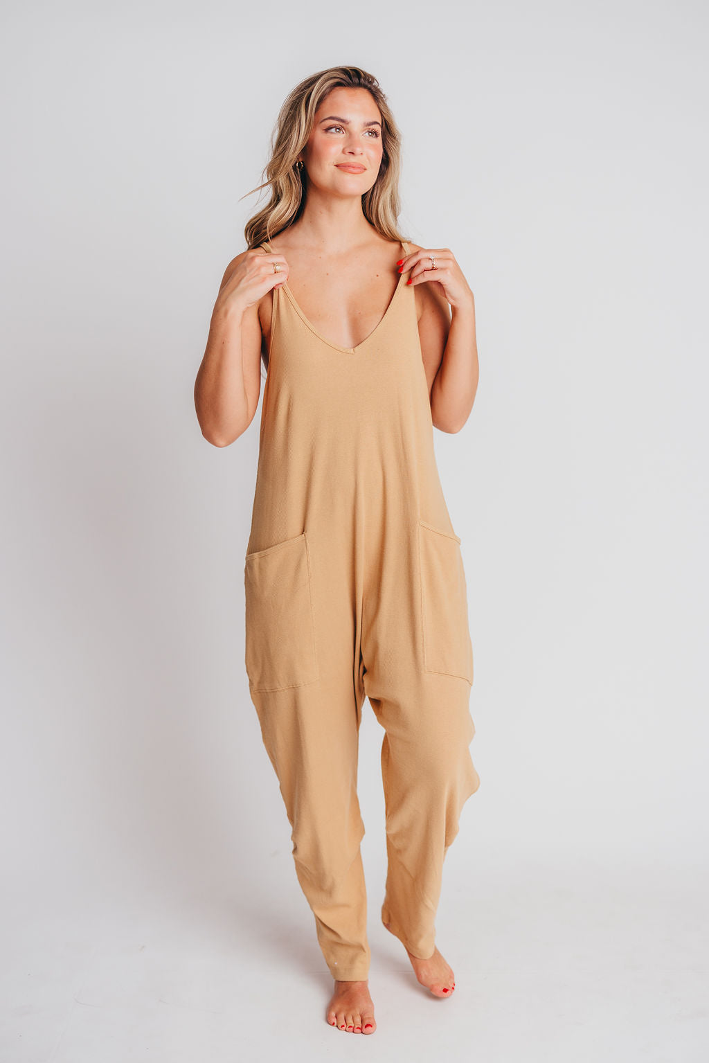 Hilary Ribbed Knit Jumpsuit with Pockets in Tan