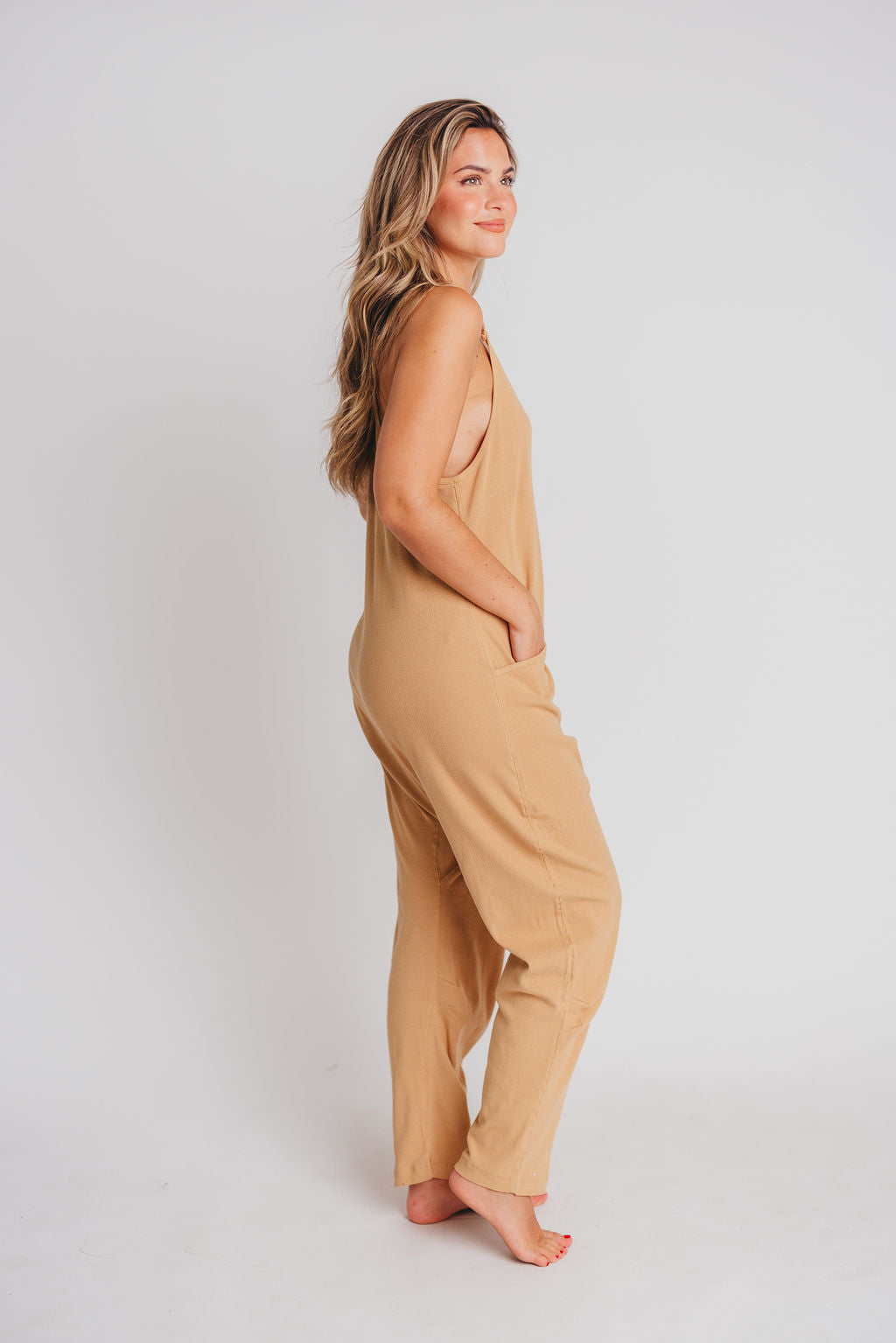 Hilary Ribbed Knit Jumpsuit with Pockets in Tan