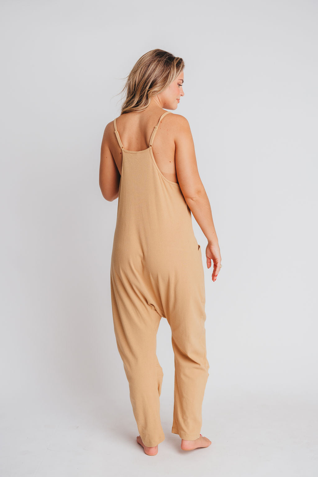 Hilary Ribbed Knit Jumpsuit with Pockets in Tan