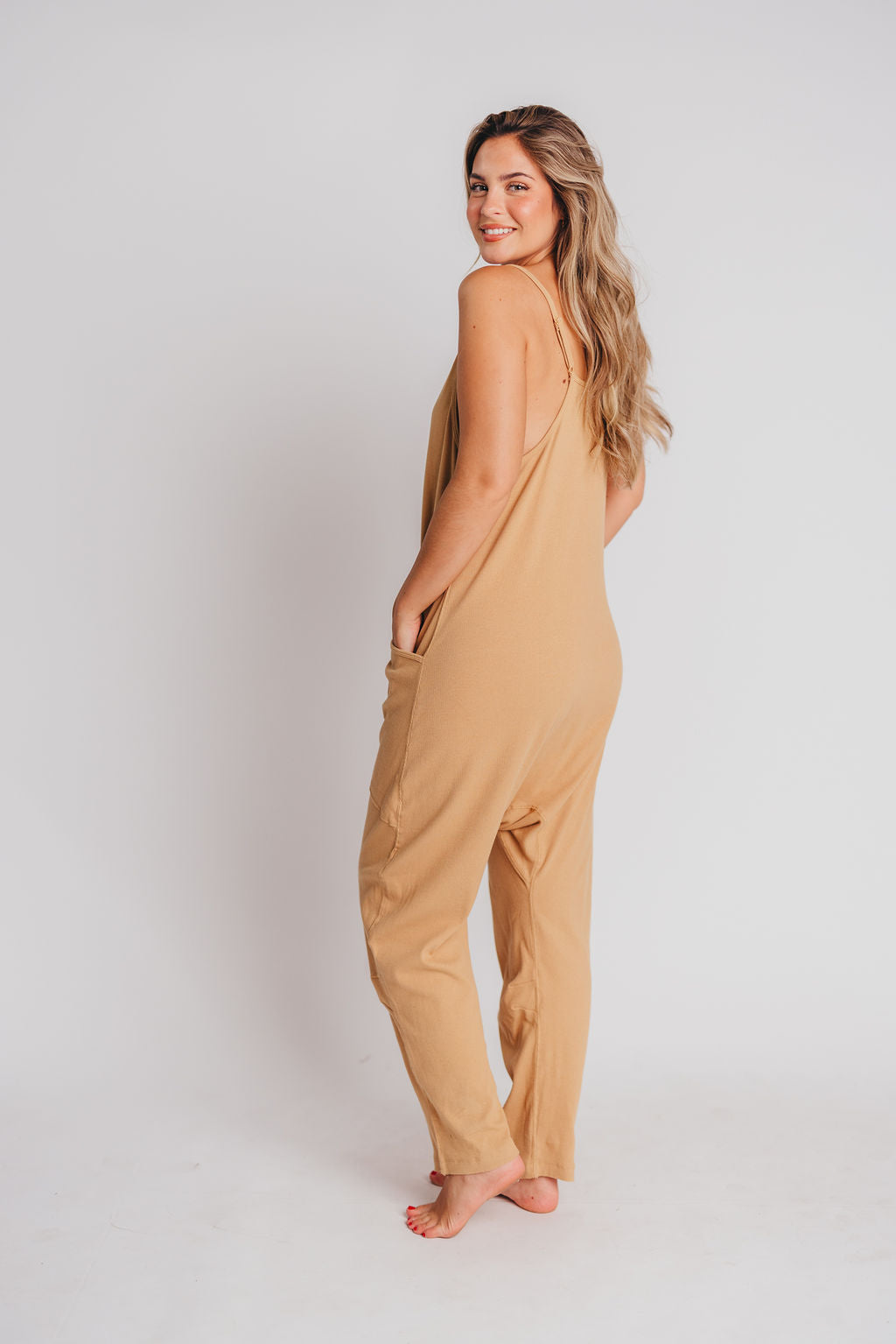 Hilary Ribbed Knit Jumpsuit with Pockets in Tan