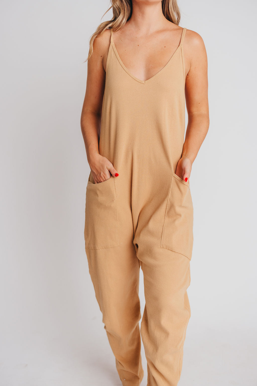Hilary Ribbed Knit Jumpsuit with Pockets in Tan