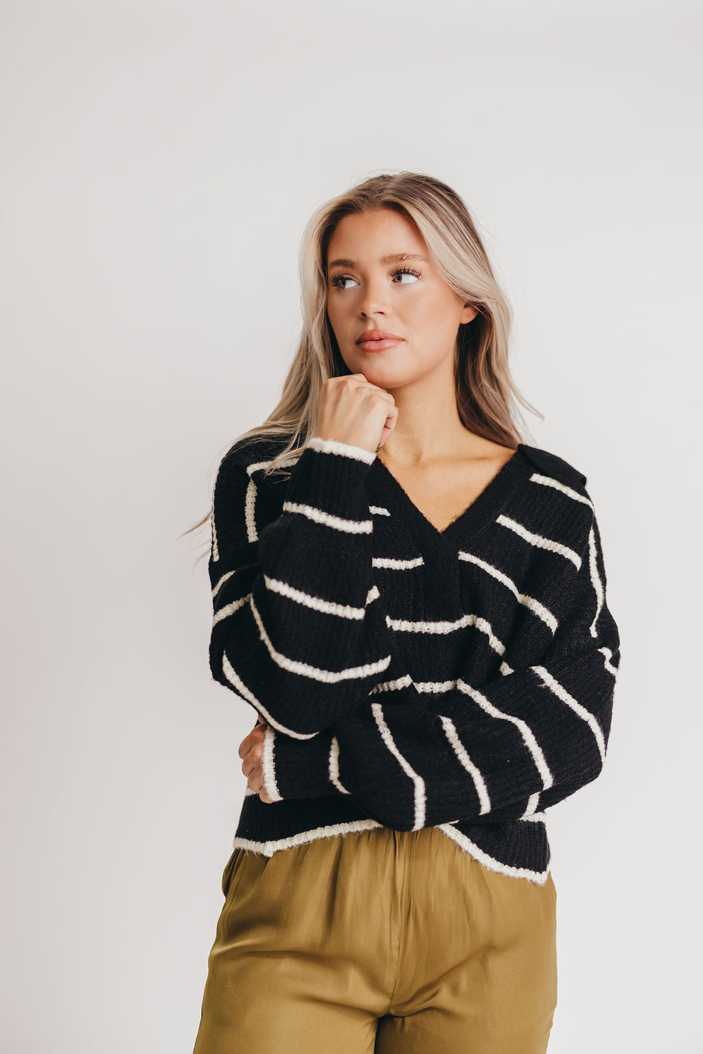 Holden Striped Collar Sweater in Black/Ivory