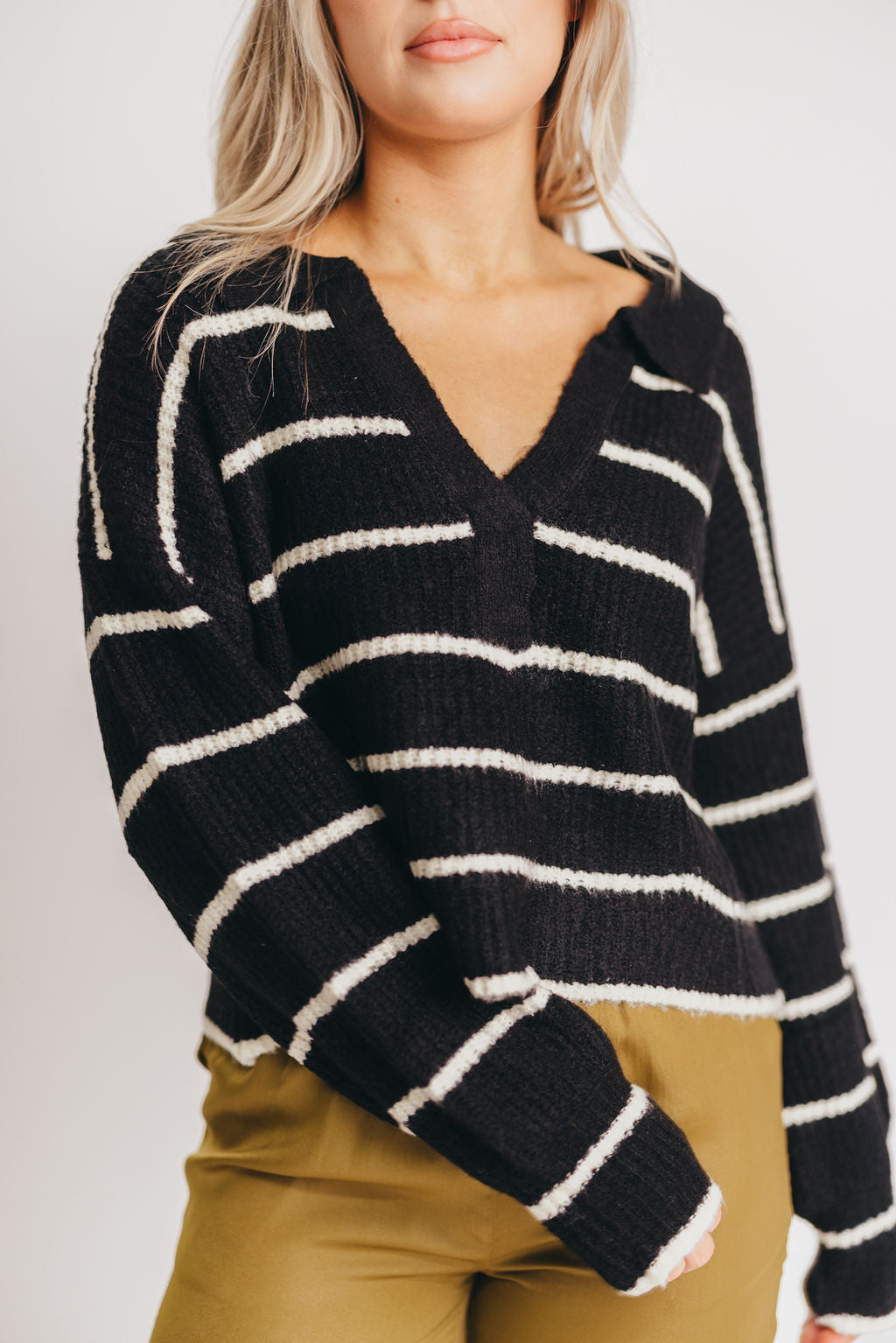 Holden Striped Collar Sweater in Black/Ivory