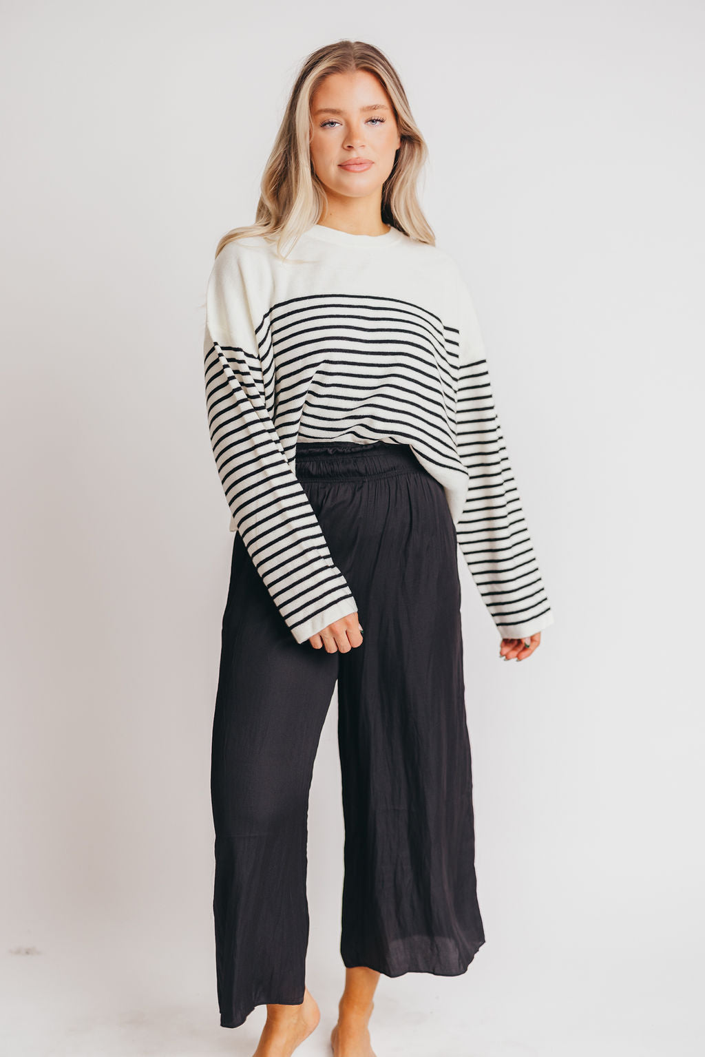 Oliver Bell Sleeve Knitted Top in White/Black Stripes