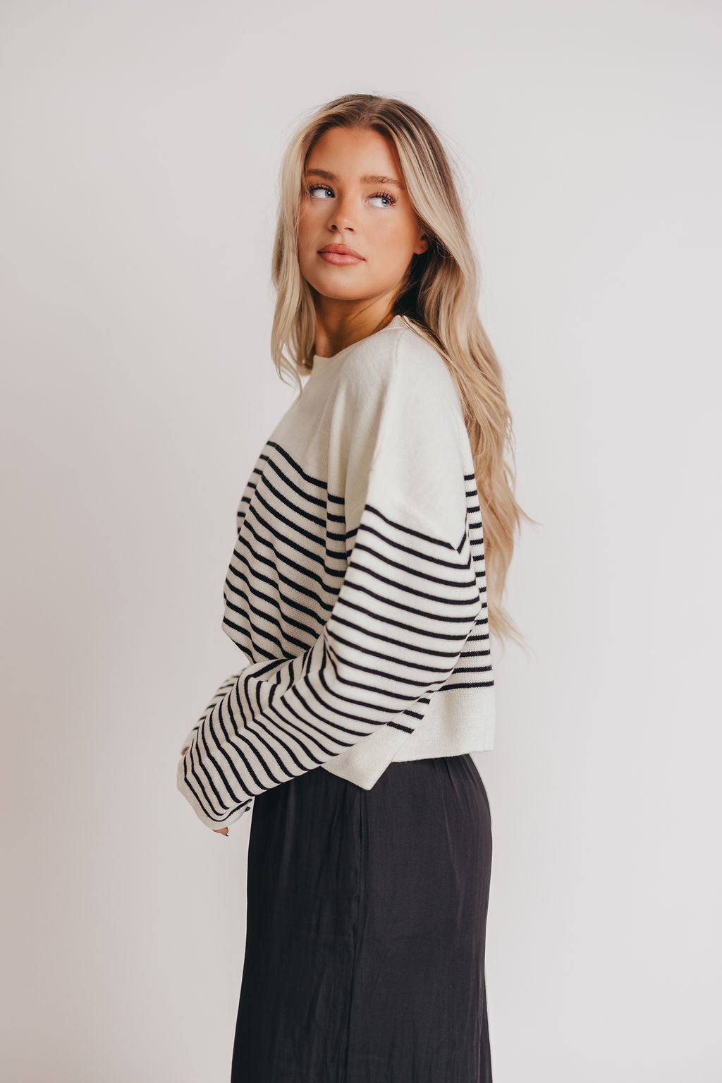Oliver Bell Sleeve Knitted Top in White/Black Stripes