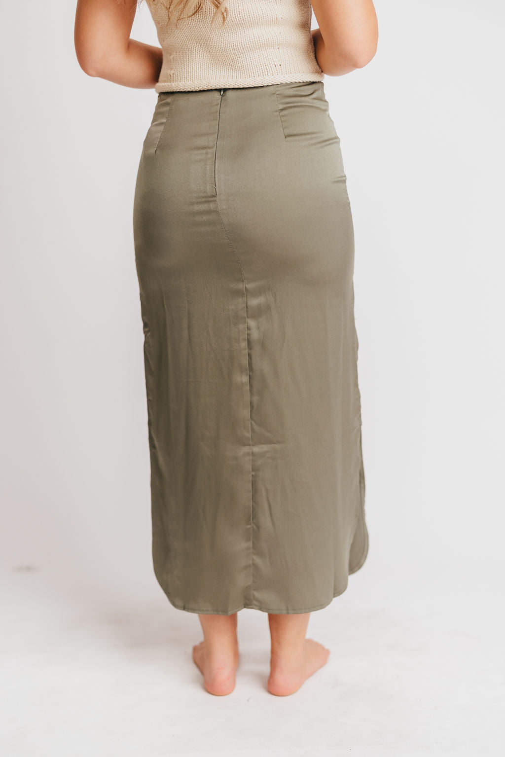 Mira Satin Skirt with Side Slit in Olive