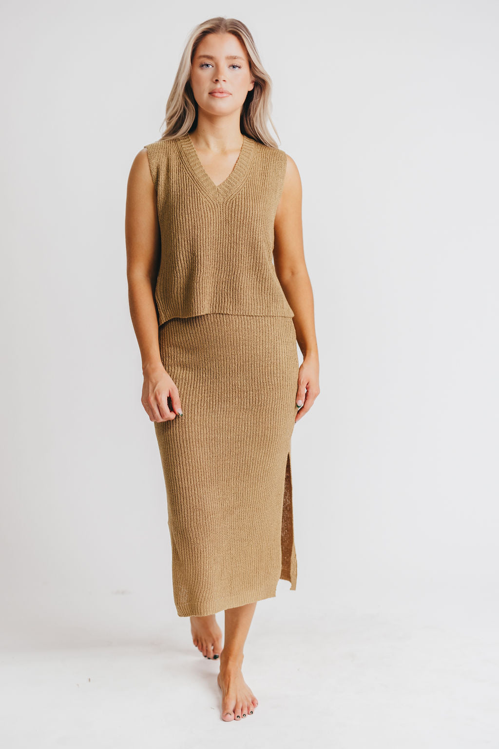 Hits Different Knitted Vest and Midi Skirt Set in Golden Kiwi