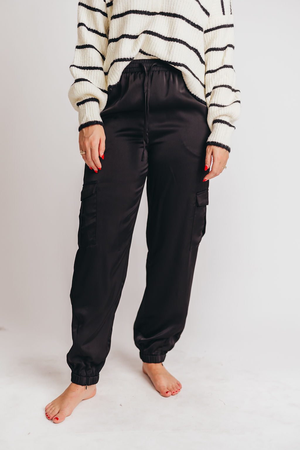 Brooklyn Satin Cargo Jogger in Black