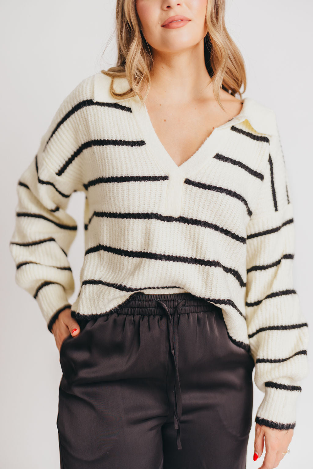 Holden Striped Collar Sweater in Ivory/Black