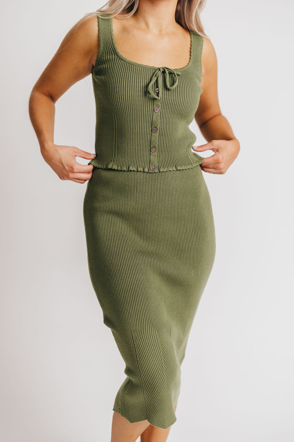 Winnie Scalloped Square Neck Tank & Skirt Set in Olive