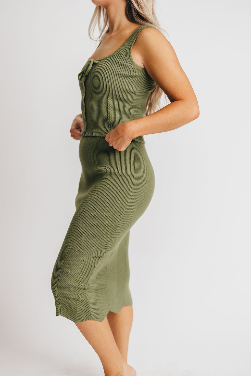 Winnie Scalloped Square Neck Tank & Skirt Set in Olive