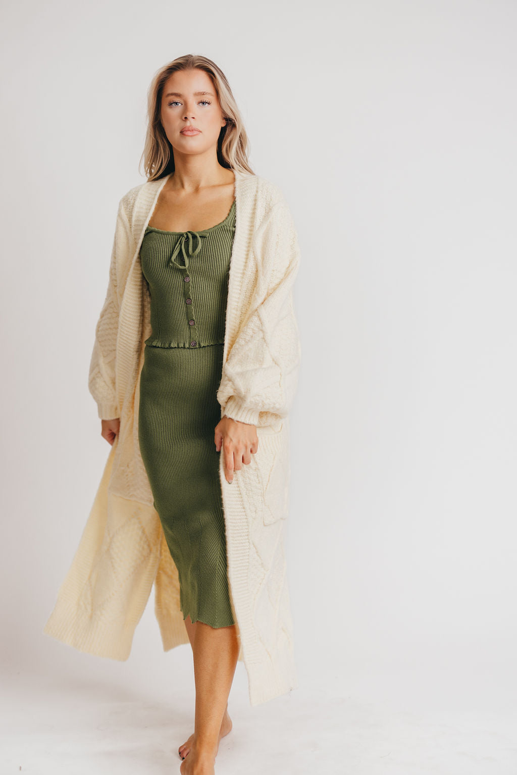 Liza Open Front Diamond Pattern Knit Cardigan in Vanilla Cream