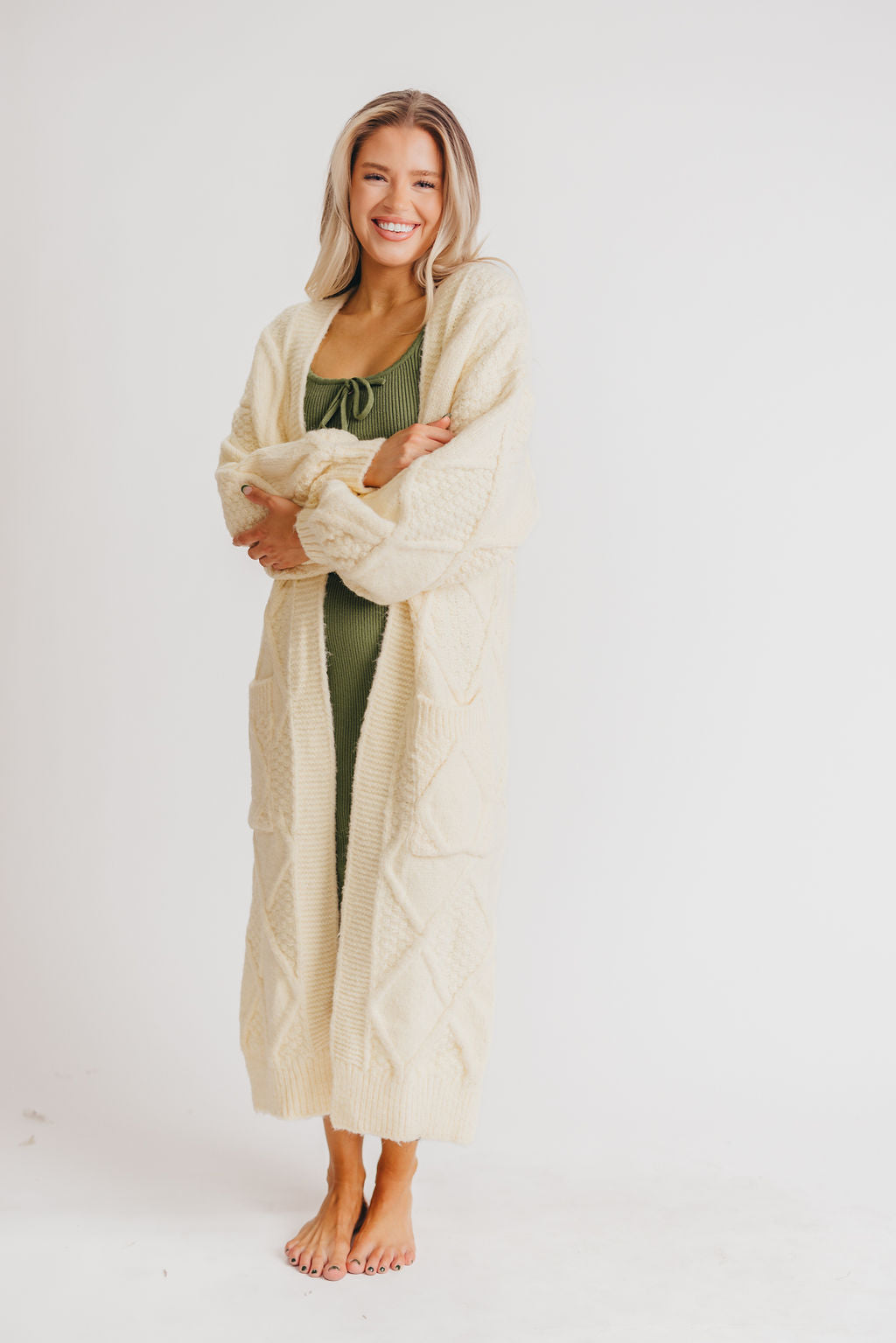 Liza Open Front Diamond Pattern Knit Cardigan in Vanilla Cream