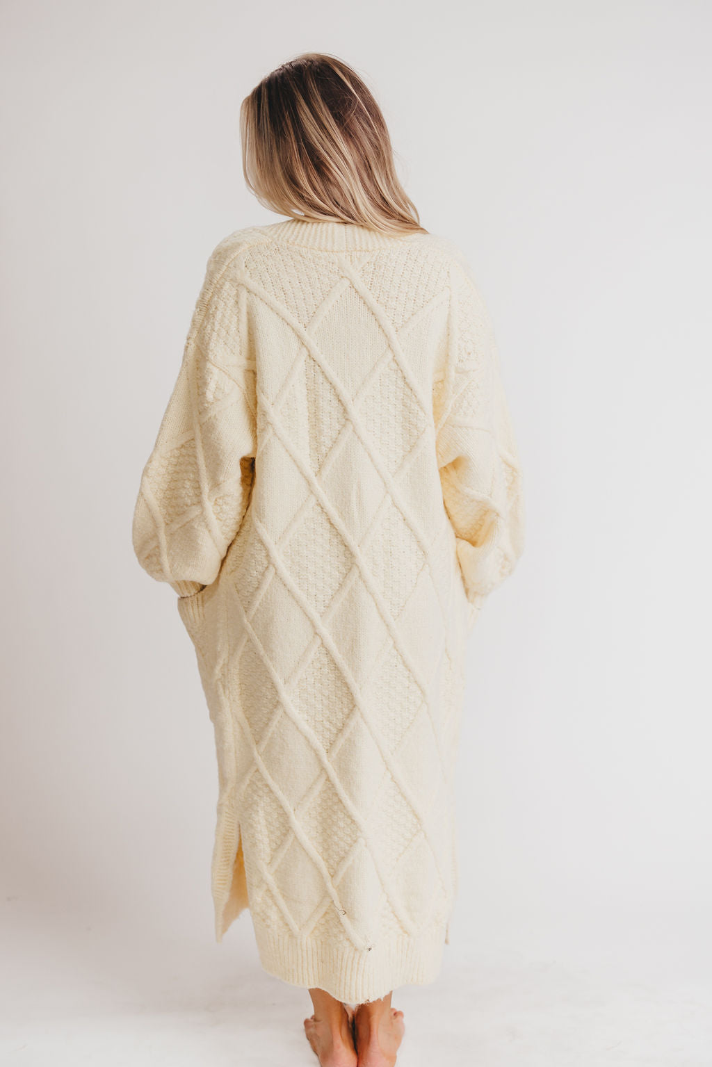 Liza Open Front Diamond Pattern Knit Cardigan in Vanilla Cream