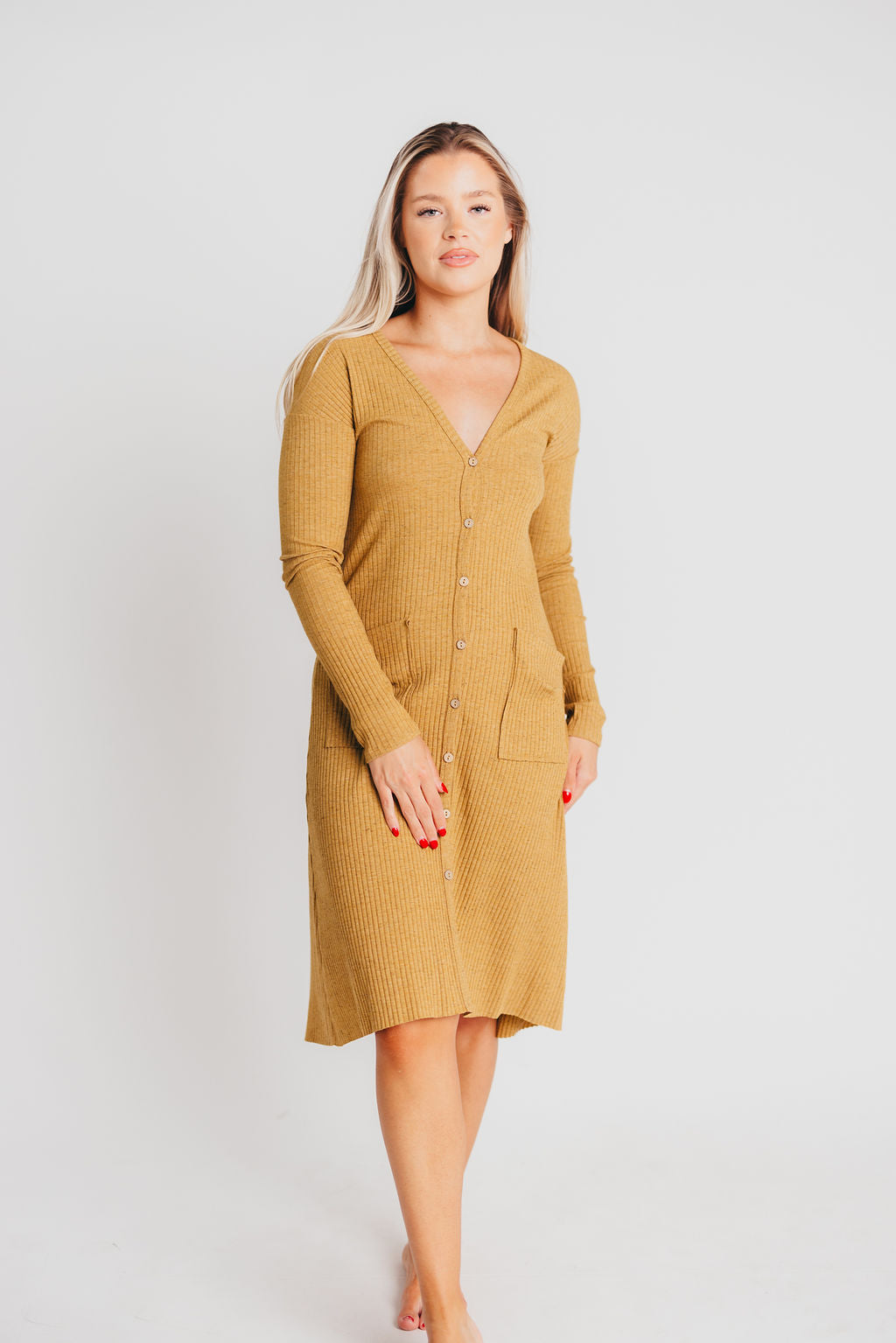 Kennedy Long Sleeved Ribbed Cardigan Dress in Light Camel - Bump Friendly