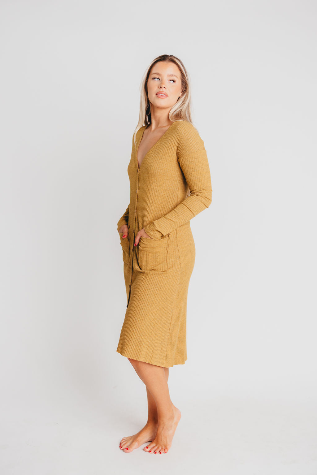 Kennedy Long Sleeved Ribbed Cardigan Dress in Light Camel - Bump Friendly