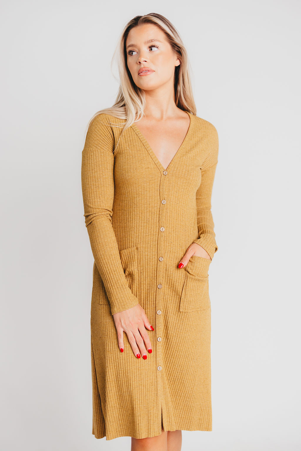 Kennedy Long Sleeved Ribbed Cardigan Dress in Light Camel - Bump Friendly