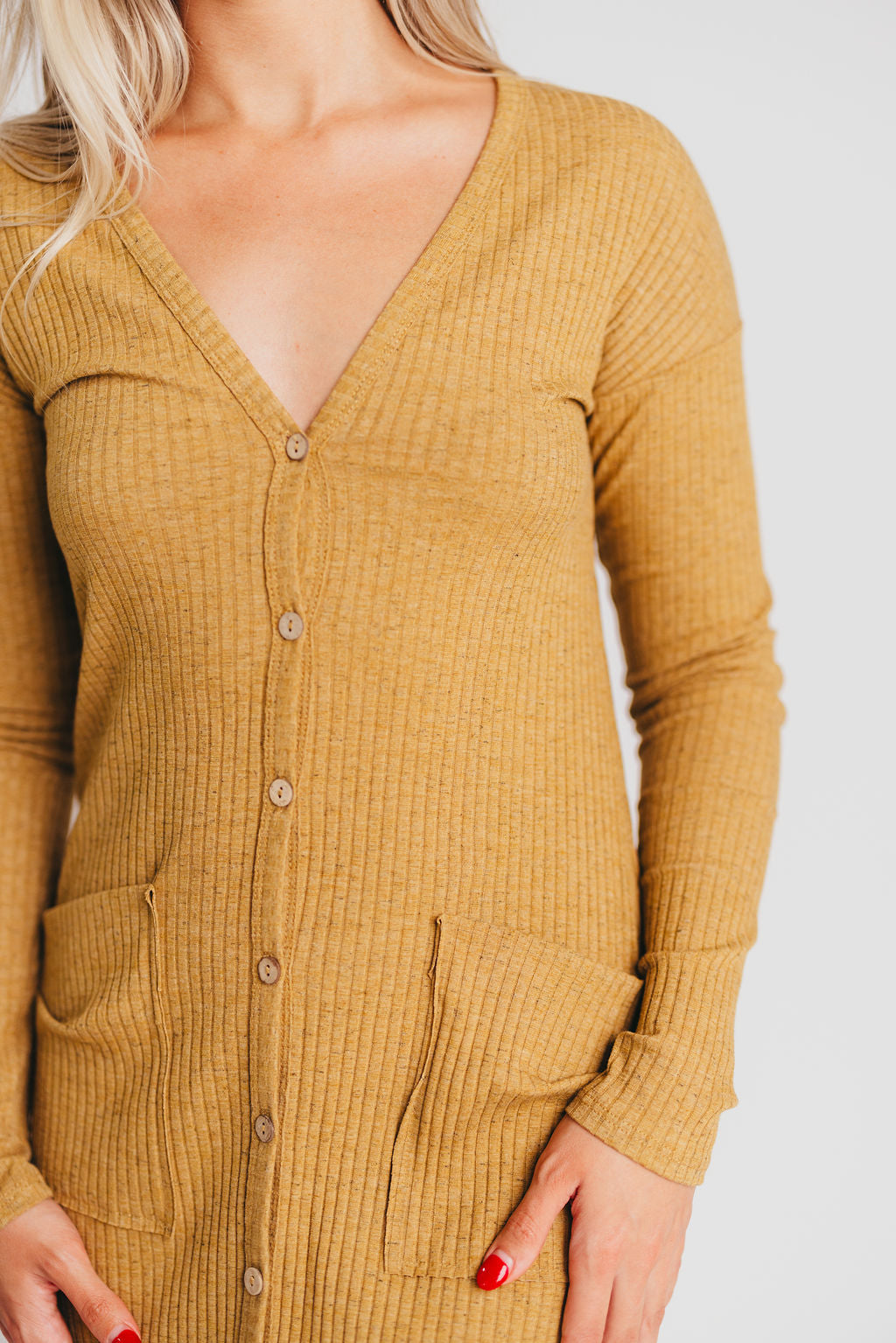 Kennedy Long Sleeved Ribbed Cardigan Dress in Light Camel - Bump Friendly