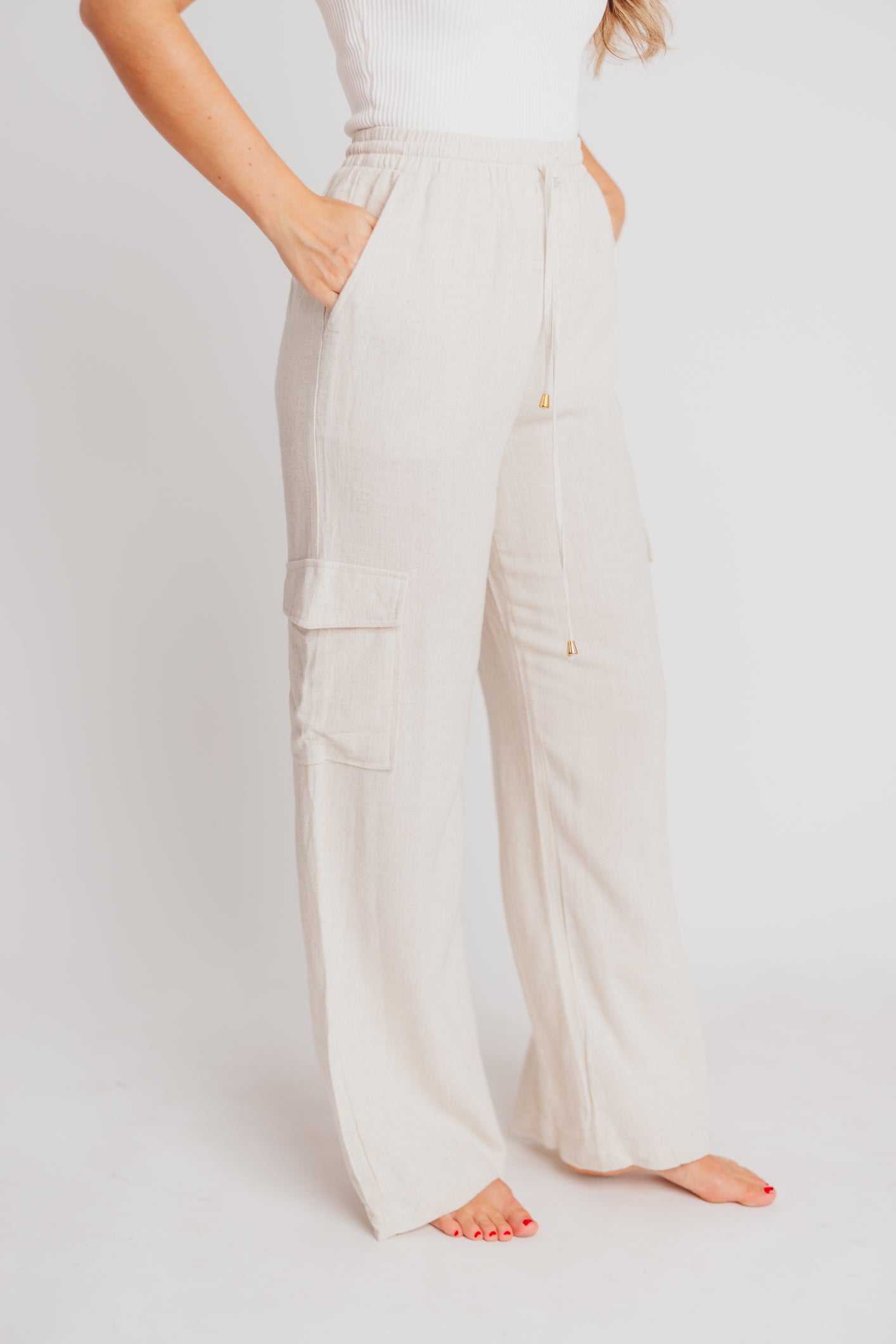 Flynn Linen Blend Wide Leg Cargo Pant in Natural