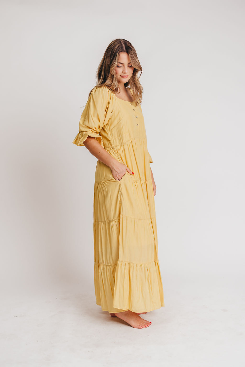 Enya Button Front Maxi Dress in Mustard - Maternity and Nursing Friendly