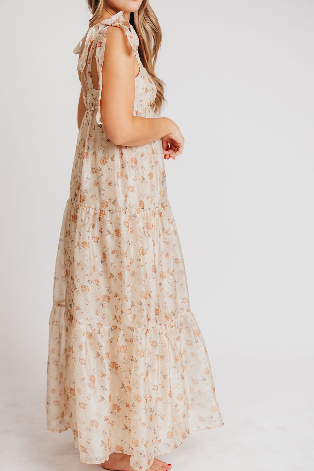 Sonnet Tie-Strap Tiered Maxi Dress in Champagne Floral