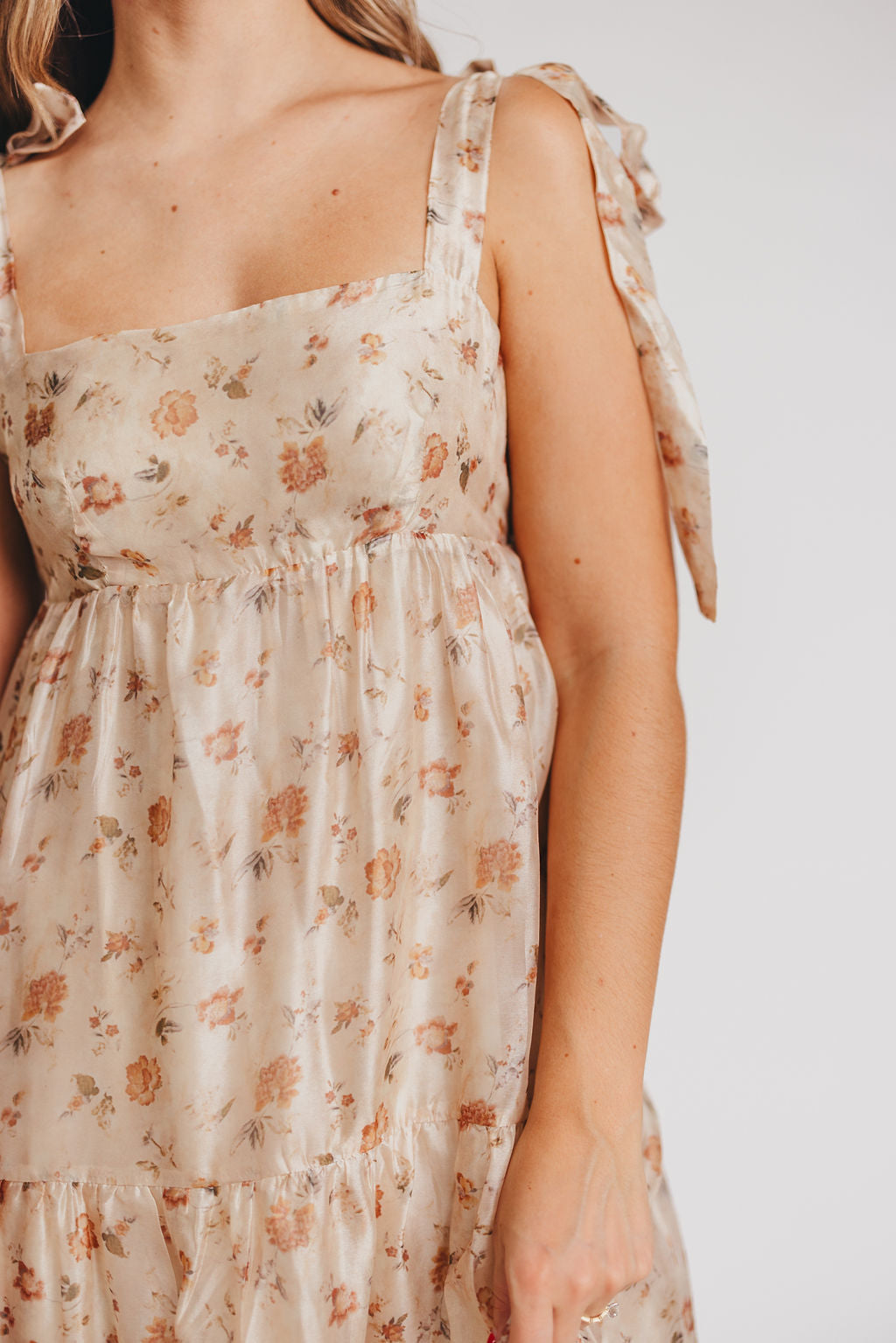 Sonnet Tie-Strap Tiered Maxi Dress in Champagne Floral