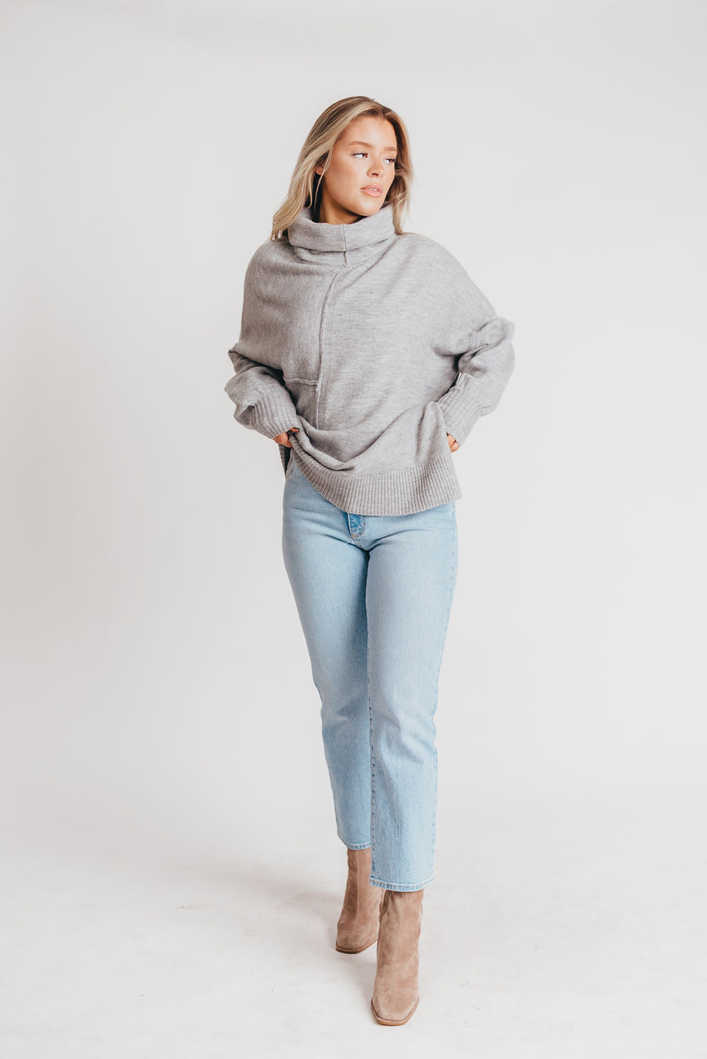 Deco Exposed Seam Turtleneck Sweater in Heather Grey