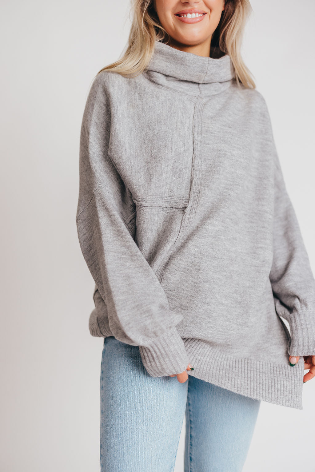Deco Exposed Seam Turtleneck Sweater in Heather Grey