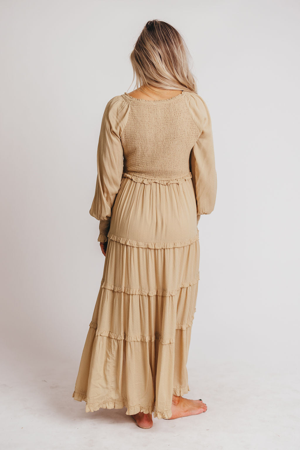 Pippa Long-Sleeved Smocked Maxi Dress in Taupe - Bump Friendly
