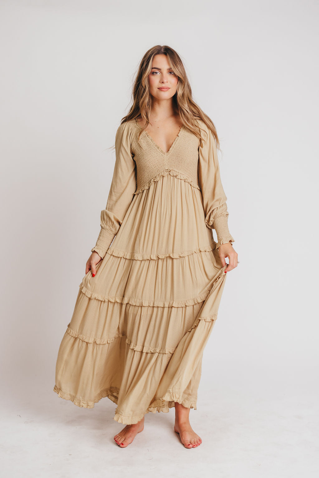 Pippa Long-Sleeved Smocked Maxi Dress in Taupe - Bump Friendly