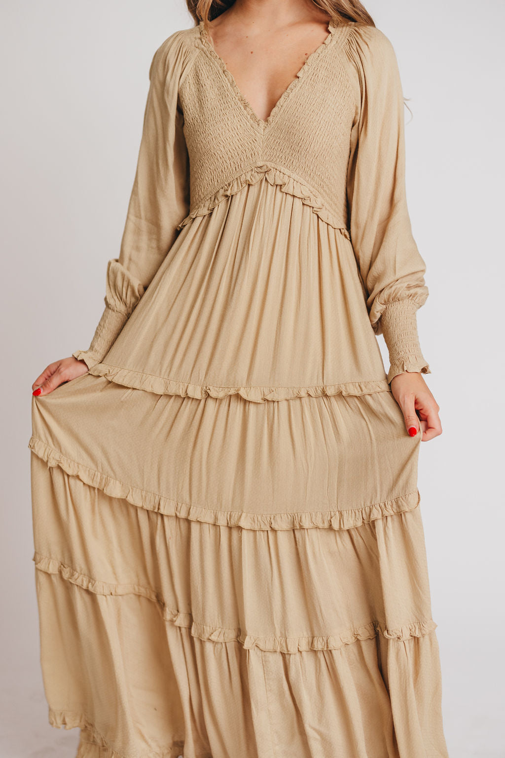 Pippa Long-Sleeved Smocked Maxi Dress in Taupe - Bump Friendly