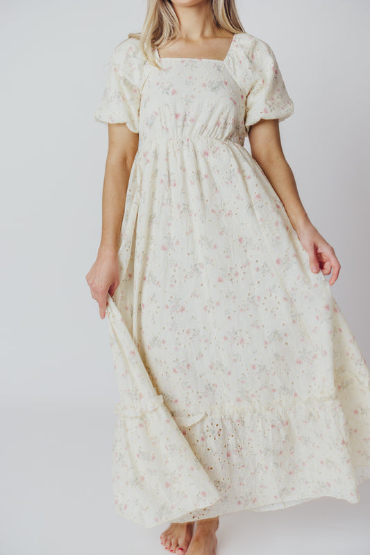 Susanna Eyelet Midi Dress in Ivory Multi Floral - Bump Friendly & Inclusive Sizing (S-3XL)