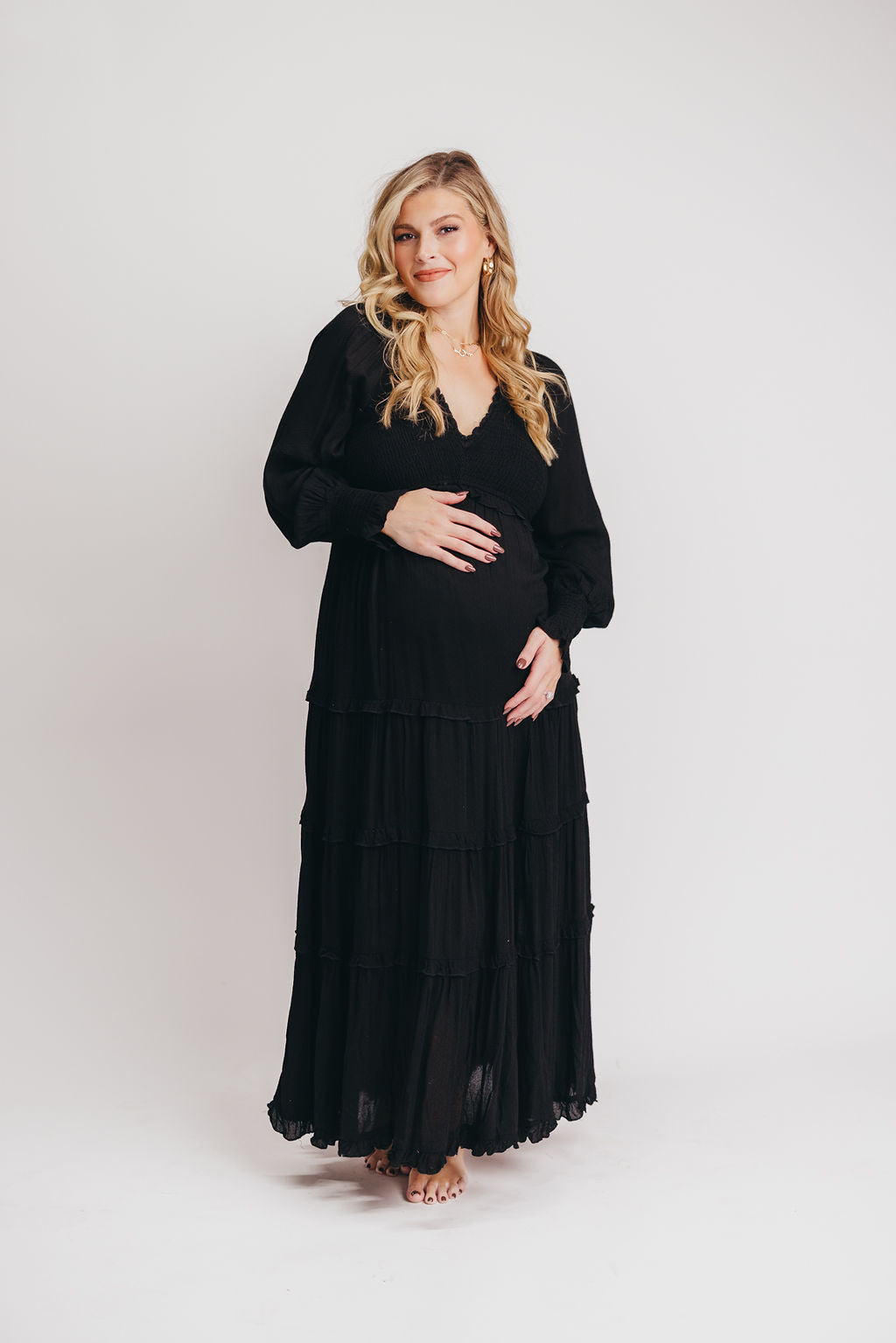 Pippa Long-Sleeved Smocked Maxi Dress in Black - Bump Friendly