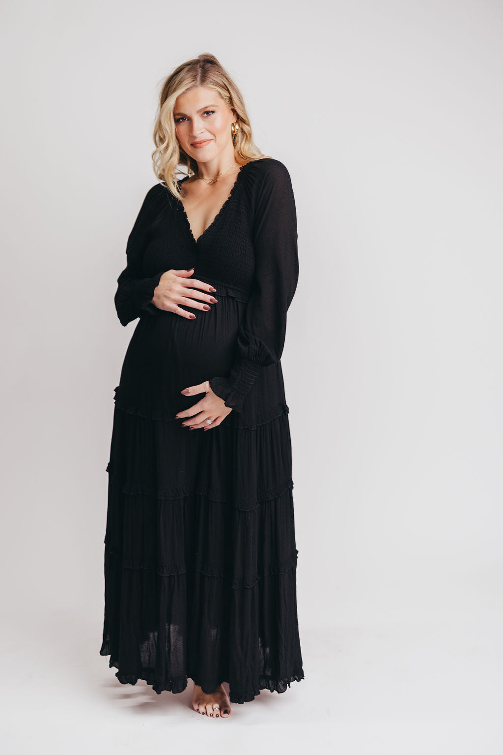 Pippa Long-Sleeved Smocked Maxi Dress in Black - Bump Friendly