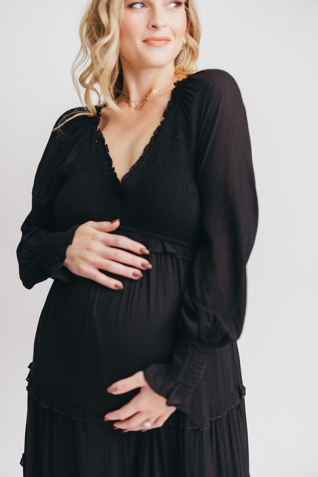 Pippa Long-Sleeved Smocked Maxi Dress in Black - Bump Friendly