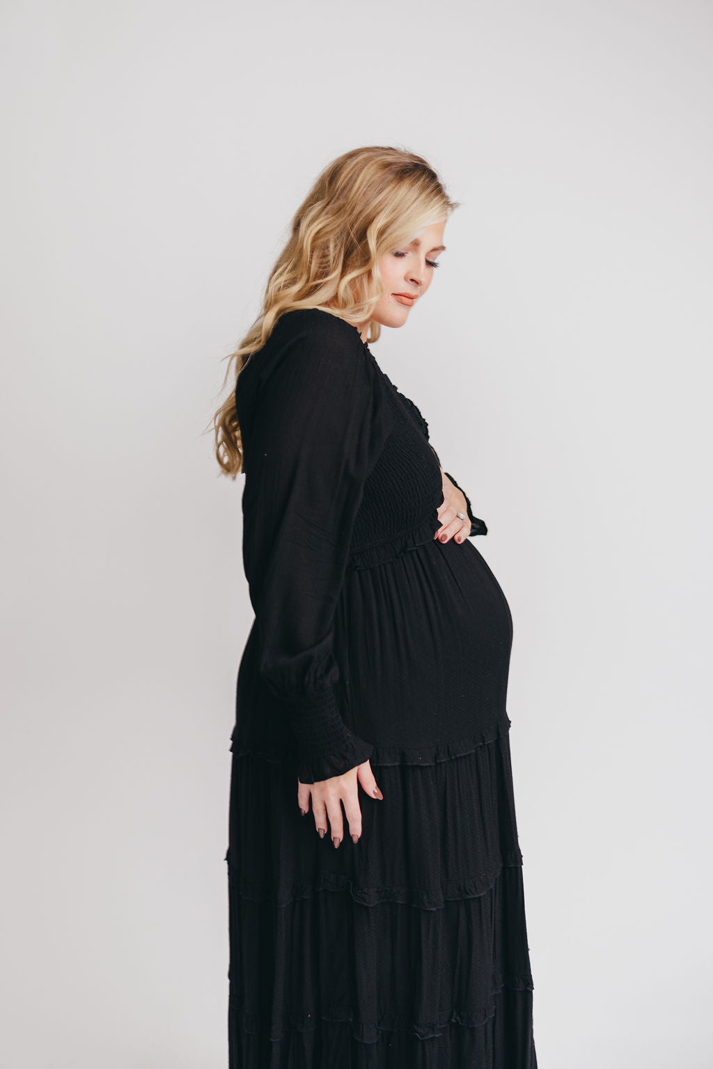 Pippa Long-Sleeved Smocked Maxi Dress in Black - Bump Friendly