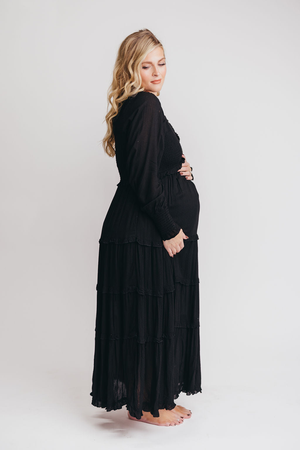 Pippa Long-Sleeved Smocked Maxi Dress in Black - Bump Friendly