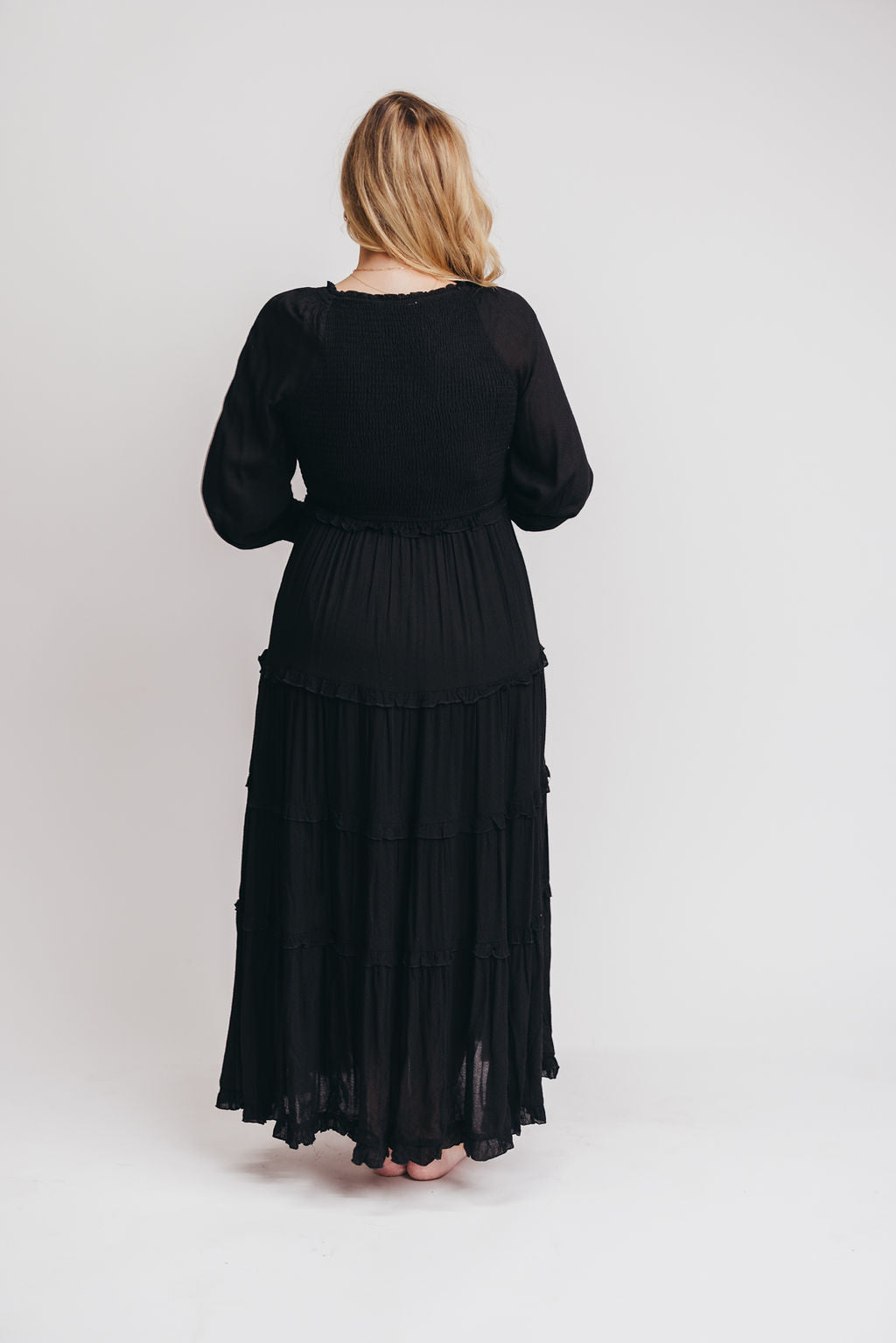 Pippa Long-Sleeved Smocked Maxi Dress in Black - Bump Friendly