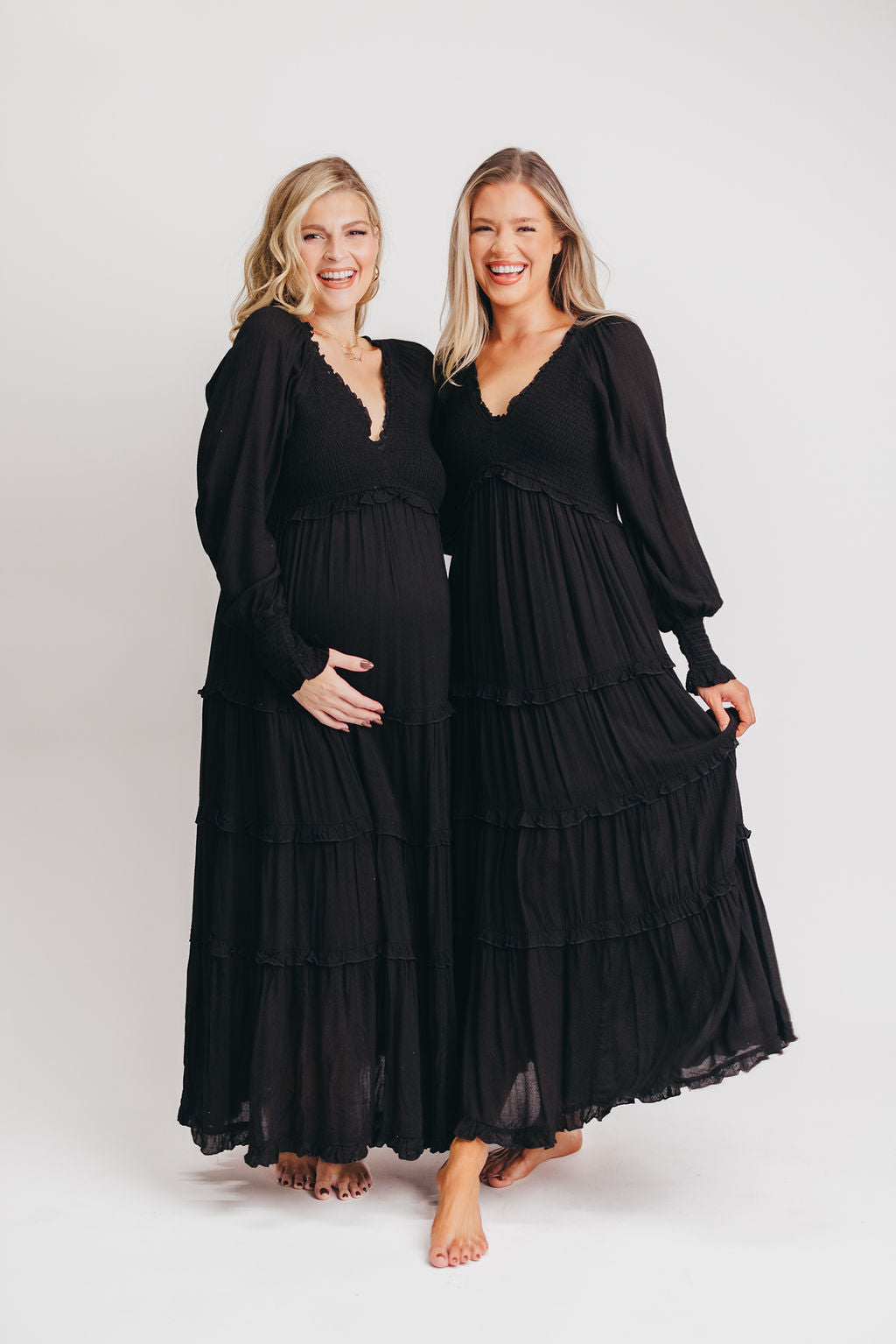 Pippa Long-Sleeved Smocked Maxi Dress in Black - Bump Friendly