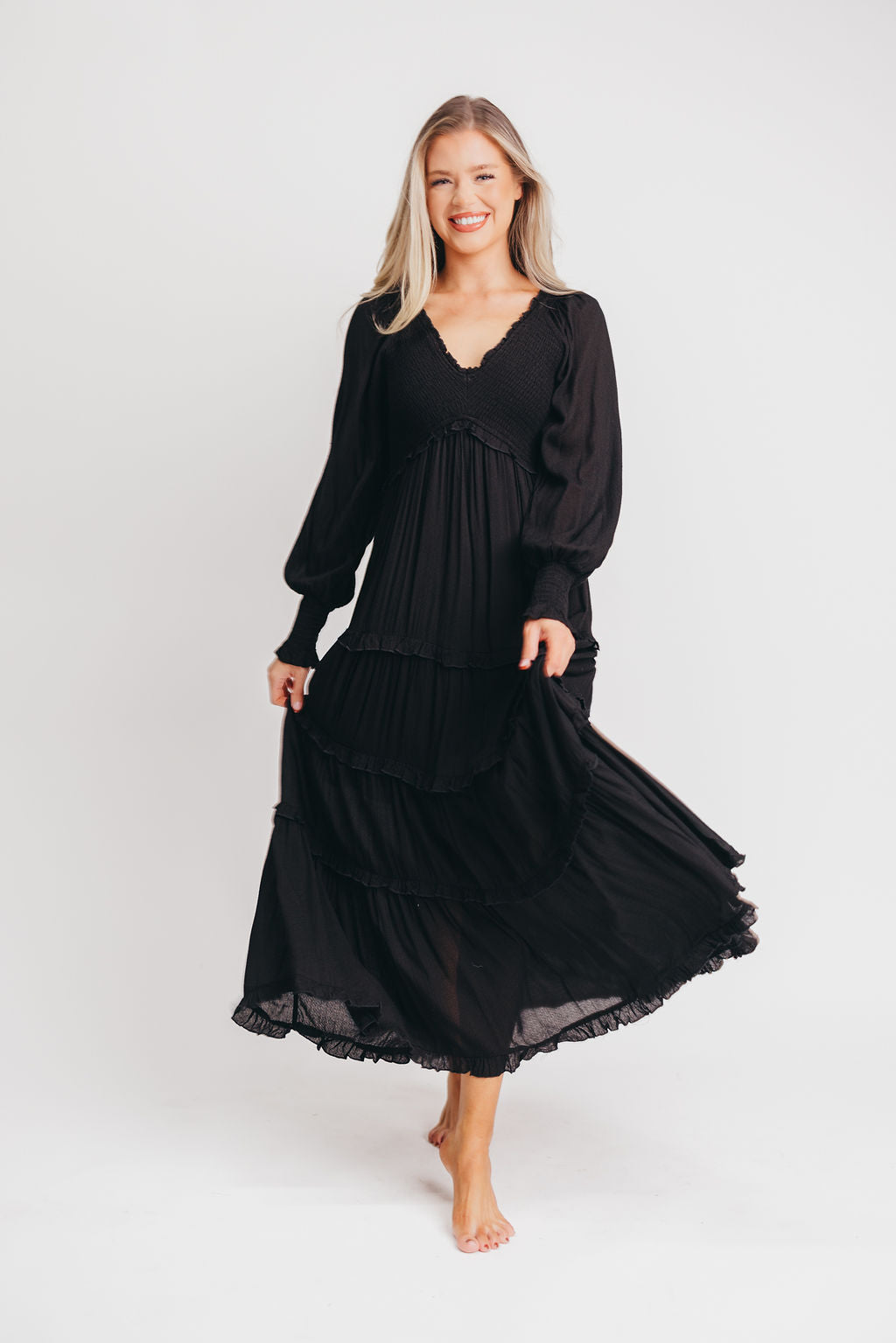 Pippa Long-Sleeved Smocked Maxi Dress in Black - Bump Friendly