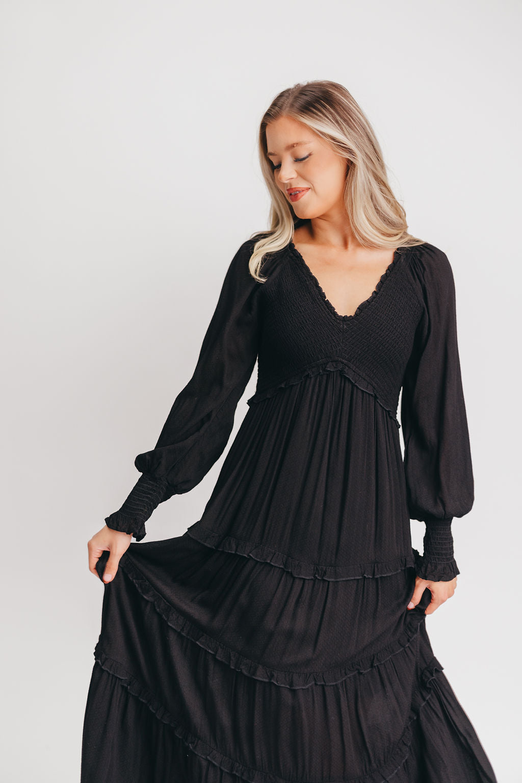 Pippa Long-Sleeved Smocked Maxi Dress in Black - Bump Friendly