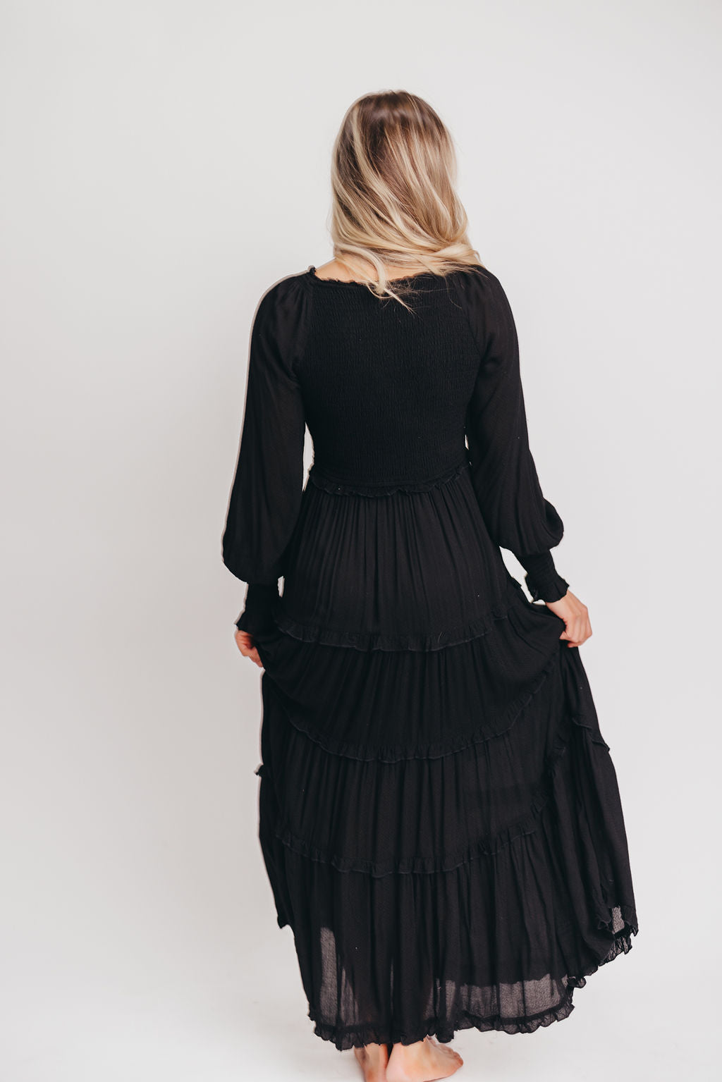Pippa Long-Sleeved Smocked Maxi Dress in Black - Bump Friendly