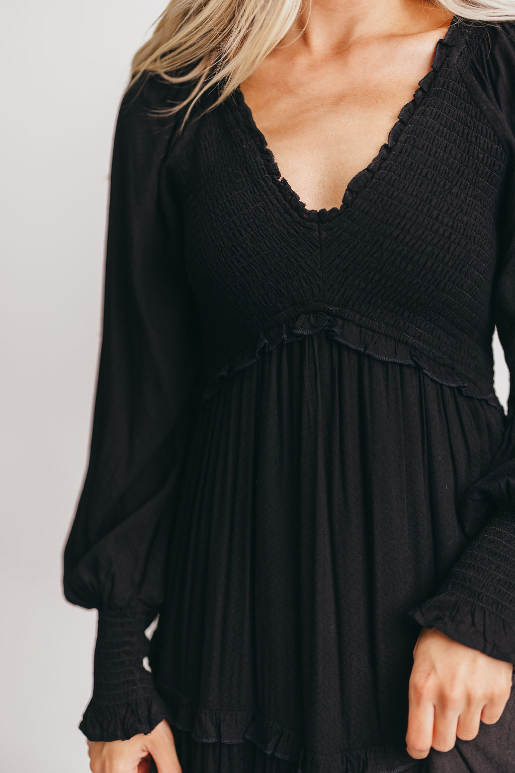 Pippa Long-Sleeved Smocked Maxi Dress in Black - Bump Friendly